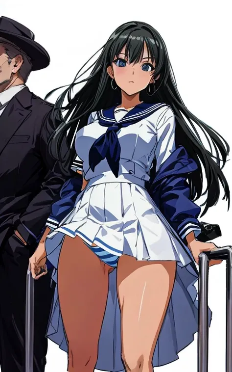 A beautiful woman with long black hair, big breasts, and beautiful legs is wearing a sailor suit with a white miniskirt, showing light blue and blue striped panties, and standing on a crowded train glaring at a middle-aged man in a suit.。