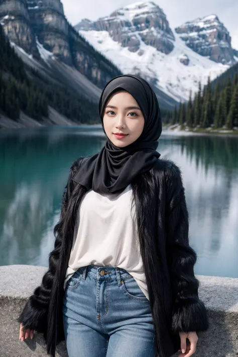 (Hijab:1.3), shy stance, smiling, very shy, (realistic photos of Hijab Korean female, slightly smile,expressive eyes,eye makeup,Moraine Lake Canada background,standing posture,confident attitude,Eye-Level Shot, slightly blurry background,UHD,masterpiece:1....