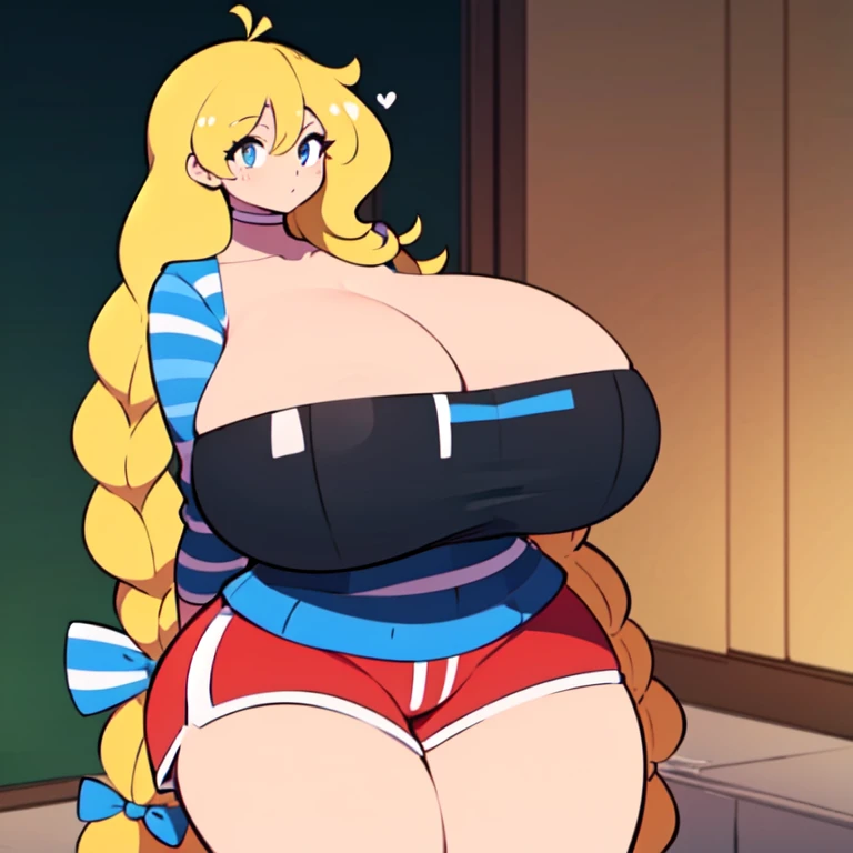 masterpiece, best quality, 1girl, solo, cassie, theycallhimcake, blonde hair, very long hair, braid, bow, striped shirt, red shorts, gigantic breasts, blue shirt