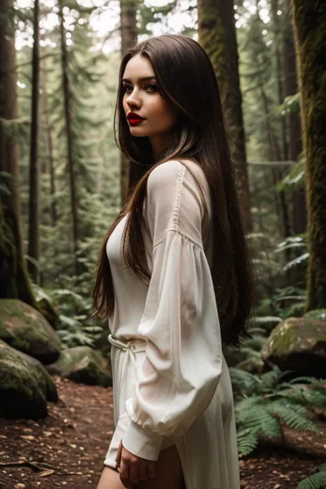 best quality,best lighting,whole body,a woman with long hair and a red lip is standing in a forest with trees and rocks in the background