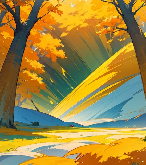 A fantasy world, graphic detail, orange and yellow trees, colossal wall on the horizon,