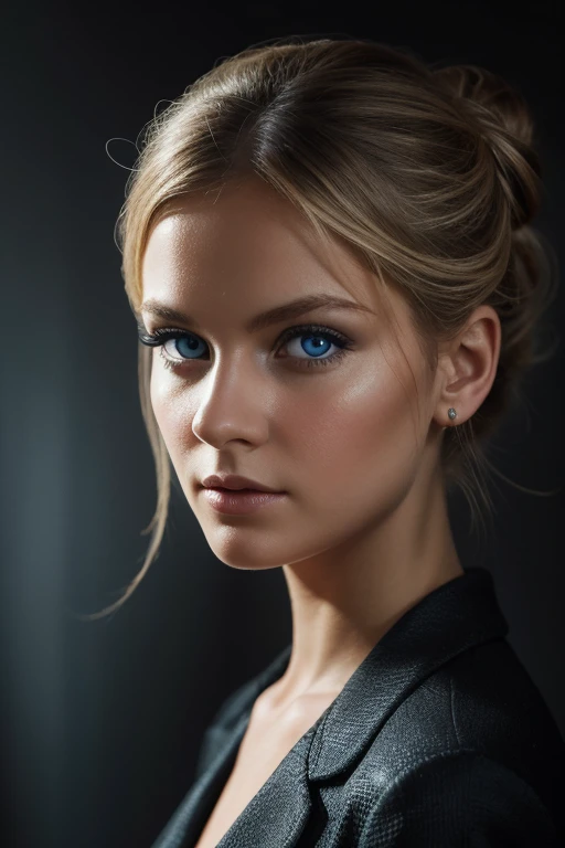 (best quality, highres), a contemporary portrait of a blonde girl with a chic bun hairstyle, (intense gaze:1.1) engaging with the viewer, surrounded by a dark and mysterious atmosphere. The girl has (mesmerizing blue eyes, piercing blue eyes:1.1) that capt...