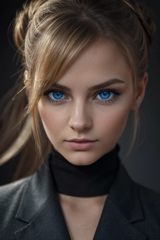 (best quality, highres), a contemporary portrait of a blonde girl with a chic bun hairstyle, (intense gaze:1.1) engaging with the viewer, surrounded by a dark and mysterious atmosphere. The girl has (mesmerizing blue eyes, piercing blue eyes:1.1) that capt...