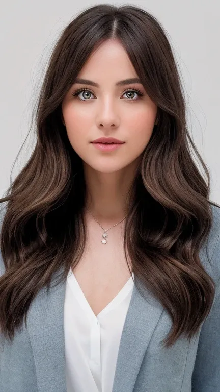 a realistic photo of a d4k0t4 woman, long hair, looking at viewer, blue eyeackground, brown hair, white background, closed mouth...