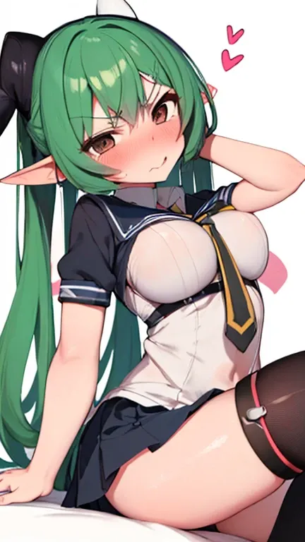 succubi，There is a slight flush on the cheeks，loli picture ，Has horns and tail，Black stockings or white stockings?，cute big breasts，Green hair，Raised sexy，big breasts enchanting，Playful，is a perfect face，succubi雌小鬼，Tsundere expression，witch hat，magical lit...