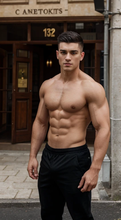 Harry Potter master combative, 18 years old, low taper fade haircut, black hair, intense green eyes rectos, intense gaze, affiliated features, small, straight nose,no facial hair, height 1.90, weight 96 kg, muscular build, broad shoulders, V-shaped body, t...