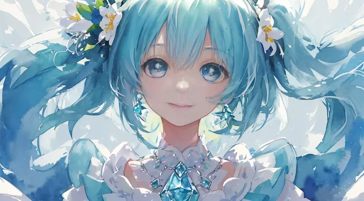 (watercolor paiting: 1.2), top-quality, illustratio, bloo, Platinum Earrings, Platinum Necklace, white dres, 1 Hatsune Miku, cute little, glowy skin、a closed mouth、a smile(Dynamic lighting:1.2), lighting like a movie, delicated facial features, A detailed ...