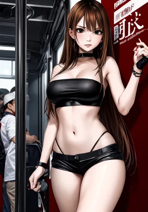 A beautiful woman with long, shoulder-length hair, big breasts, beautiful legs, and a sharp face stands glaring at a middle-aged man in a suit on a train wearing a black tube top that exposes her navel and black panty-like hot pants.。