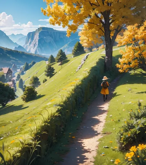 A fantasy world, graphic detail, orange and yellow trees, colossal wall on the horizon, medieval, adolscent campers walking path, young archer on forefront,