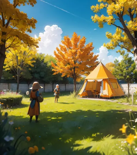 A fantasy world, graphic detail, orange and yellow trees, colossal wall on the horizon, medieval, adolscent campers, young archer on forefront,