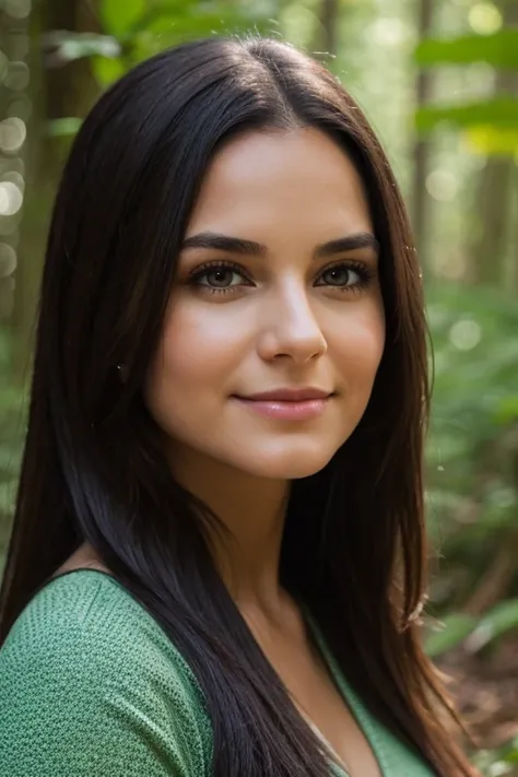 (ultra-detailed)close-up portrait of a breathtakingly beautiful woman with cascading dark hair, standing in a lush forest clearing, her (beautiful,detailed) green eyes sparkling with joy.