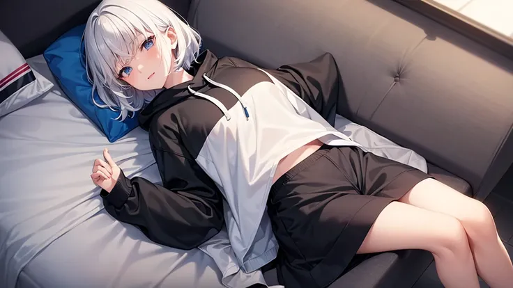 Ultra-high image quality,Look at viewers, hands behind back, girl with, 20 years old, Very short hair, long bangs between eyes, blue eyess,Black eyes, Hoodie, Skirt , Extremely detailed,(​masterpiece、top-quality),White hair、A smile、Fantastical, Silver hair...