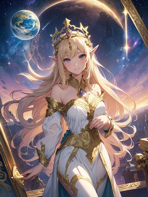 top-quality、Top image quality、​masterpiece、Super beautiful elf beauty((22 years old OL big wing、giant archangel winged bust、big bast、Bust 90,beautiful long ironed hair、a blond、globe、、A slender、a closeup、Esbian、beautiful tiara、hiquality、Beautiful Art、Backgr...