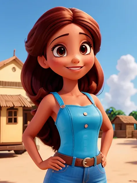 Mulher cubana morena, cabelos curtos encaracolados e castanhos, olhos castanhos e aproximadamente 30 anos, sorrindo, estilo Pixar 3D Hd