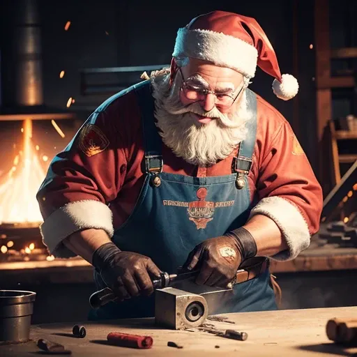 a laughing Santa Claus welder who is welding on some metals and he is ready to be at your service