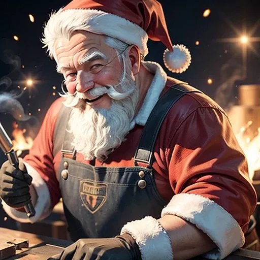 a laughing Santa Claus welder who is welding on some metals and he is ready to be at your service