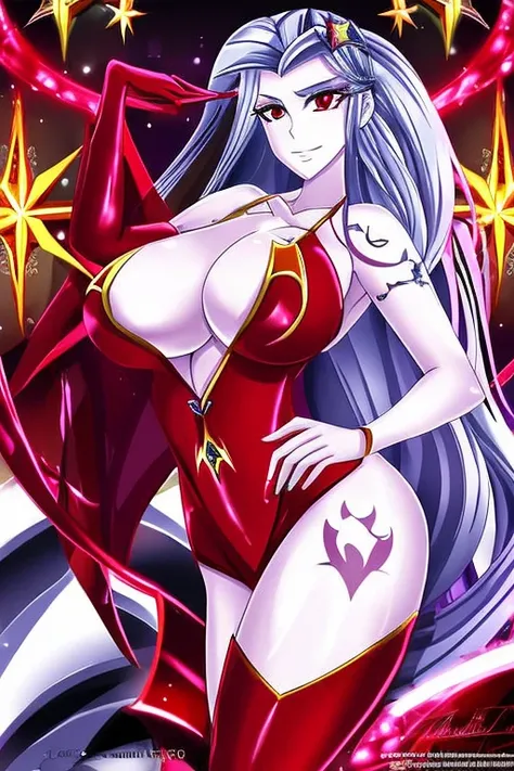 (masterpiece), best quality, expressive eyes, perfect face, sexy woman, (pearl white skin), (Red business suit), sexy, huge natural boobs, huge ass, full body, jewelry, black high heels, beautiful, dominant, loving, (long silver hair with black tips), mlp,...