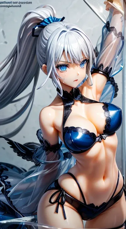 pvc revoltech,Clear blue eyes,Crying face,Cute,A sexy,kawaii girl, Constriction,big breasts thin waist,slimming slim big breasts,cleavage of the breast,Nipple protrusion,Transparency,Lace sheer bra,Shiny silver hair ponytail,Sheer shorts,Shoulder see-throu...