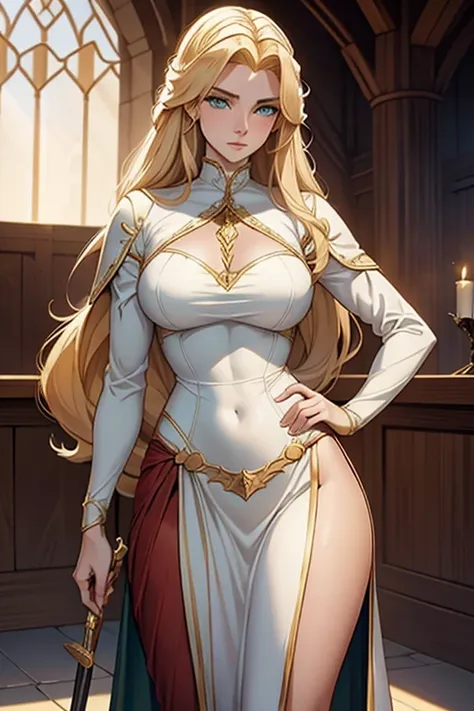 a noble knight, long blonde hair, green eyes, white skin, wearing medieval armor, very beautiful and honorable, a beautiful woma...