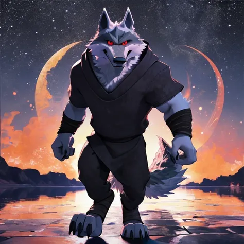 (The ultimate death wolf), solo, walking, black monk clothes, angry, smile, full body, volumetric lighting, detailed eyes, red eyes, bright pupils, front view, black star on sky, galaxy scenary, best quality, high quality, 3d, dreamworks style