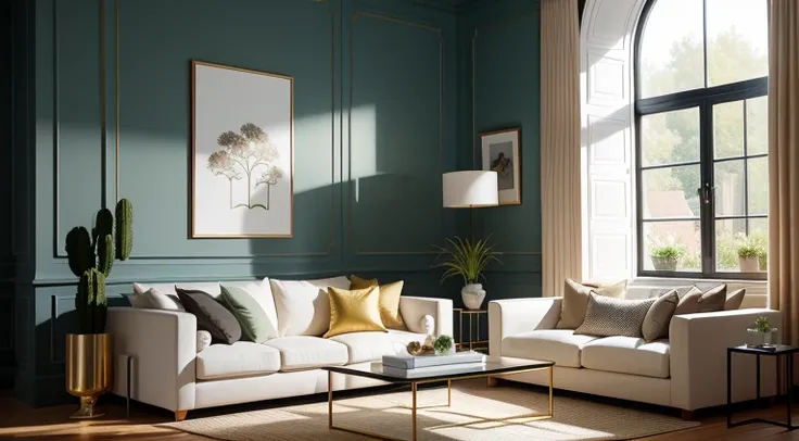 minimalist living room，There are a lot of flowers and plants，Golden light，an award winning masterpiece，Incredible details Large windows，highly  detailed，Harpers Bazaar art，fashion magazine，fluency，Clear focus，8K，rendering by octane，