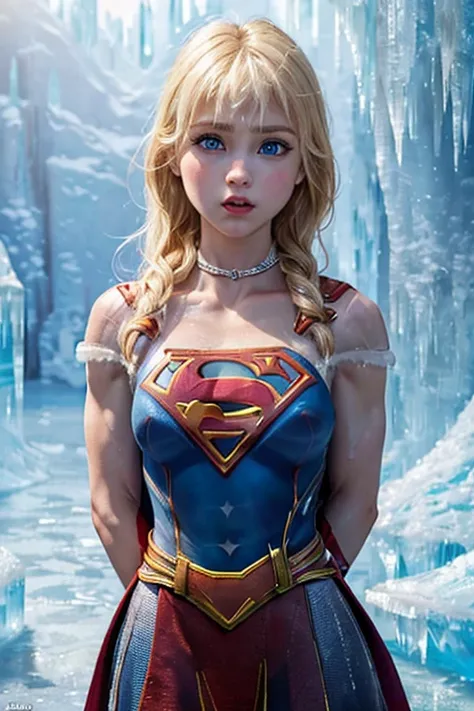 extremely detailed 3DCG 8K wallpaper, (highest quality, masterpiece, ultra high res:1.1), best aesthetic, raw photo, ((photorealistic:1.1)), UHD, pov, inside a frozen cave, 1 lady, ((supergirl:1.3)), (from front:1.4), looking at viewer, (cowboy shot:1.3), ...