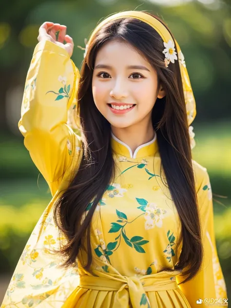 traditional clothes ,golden yellow ao dai, ao dai, vietnamese girl, vietnam, vietnamese, satin, pretty girl, wide smile , long hair, Realistic lighting, delicate face, cute expression, Body perfect anatomy,Top Quality, 8K Resolution , full body , realistic...