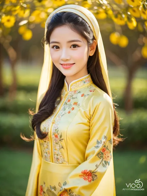 traditional clothes ,golden yellow ao dai, ao dai, vietnamese girl, vietnam, vietnamese, satin, pretty girl, wide smile , long hair, Realistic lighting, delicate face, cute expression, Body perfect anatomy,Top Quality, 8K Resolution , full body , realistic...