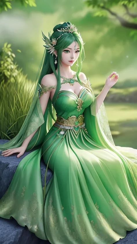 A woman in a green dress sits on a rock with a sword, beautiful attractive anime woman, beautiful fantasy art, beautiful fantasy empress, Art germ. anime illustration, extremely detailed Art germ, ((A beautiful fantasy queen, style of Art germ, beautiful f...