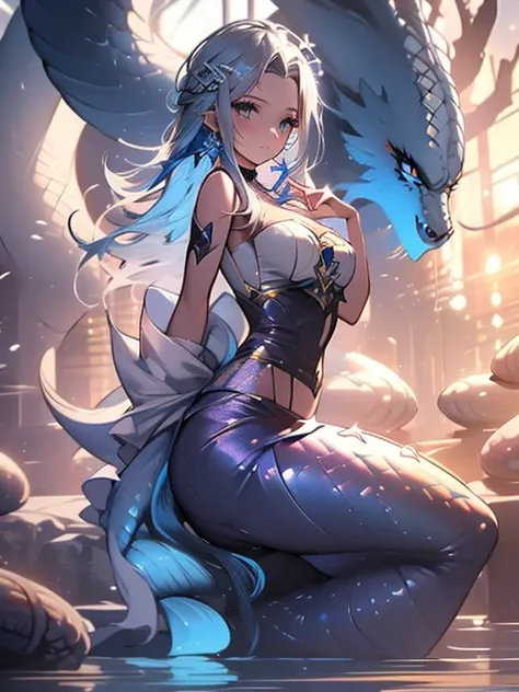 The mermaid has long blue hair and eyes like the sea. She is gentle and kind. The sea is warm and sunny. Shells are elegant and yearning for love. There are pearls in their eyes.