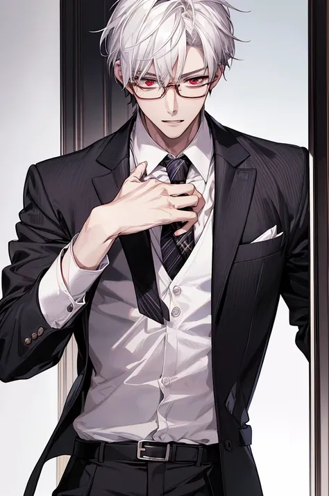 Depiction in motion、T hotel masterpiece，best qualtiy，1 male，As-，With short white hair，The shirt, seminude、anime handsome guy,Wearing a strict business suit, Dark suit, Handsome anime pose in suit and tie, Handsome stunning realistic,Red eyes、Non-frame glas...