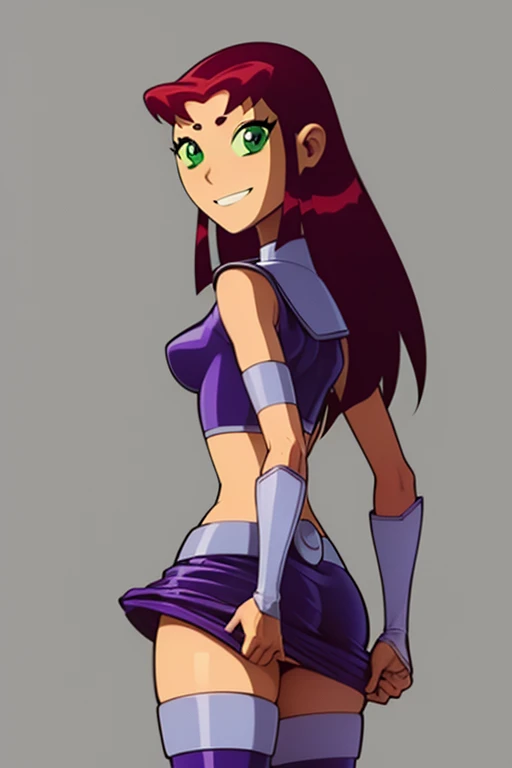 masterpiece, best quality, 1girl, starfire, red hair, long hair, green eyes, orange skin, crop top, midriff, tight skirt, thighhighs, smile, standing, solo, simple background skin tight, ass,