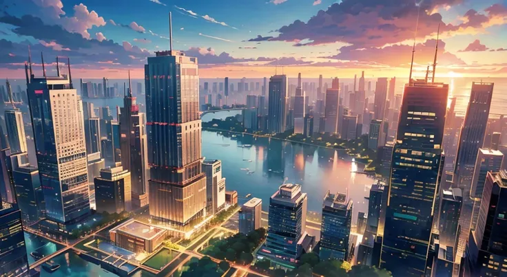 Beautiful Landscapes、hight resolution、anime scener、云、(the setting sun:1.3)、(Chii:1.3)、(lake:1.5)、(Buildings lined up:1.3)、体積云、(Skyscrapers:1.4)