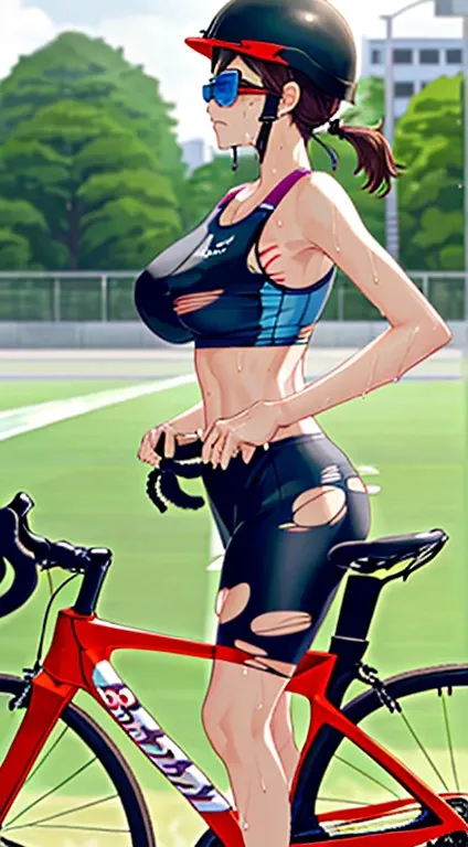 (((side view))), Photo of a japanese female cyclist with saggy breasts, (((cycling))) on the (road), 20yo,skinny,slender body, tall body, faired skin, dimples, light, detailed face, embarrassed face, ((looking disgusted)), ((very angry)), (dissapointed), P...