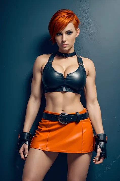 25 year old woman with short undercut orange hair dressed as a mma fighter in a skimpy crop top with leather miniskirt, cleavage, belt. Blue eyes with eye liner. Neutral background