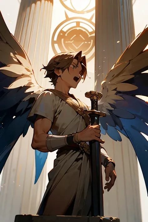 1boys，in a greek temple，Next to it is the statue of Ares Saga，With wings、The boy with the sword has a powerful little universe、is roaring