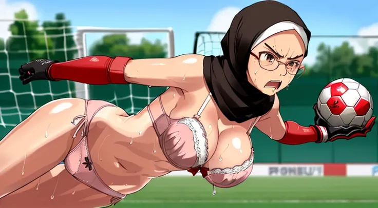 (((1woman))),(((solo woman))), Photo of a indonesian female teacher with saggy breasts, (((diving))) & (((catching the ball))) in the middle of(soccer field), 40yo,busty body, tall body, tanned skin, dimples, light, detailed face, embarrassed face, ((looki...