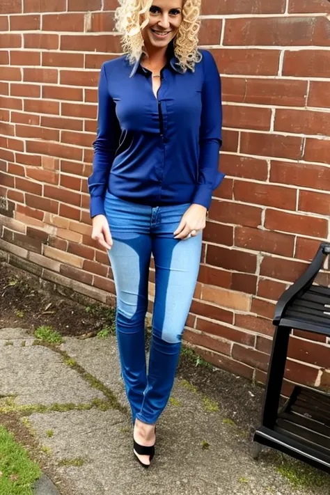 tall blonde woman with long legs, blue eyes, messy bob hair, curly hair, tight blouse skinny jeans, high heels, show heels, inviting smile, peeing self