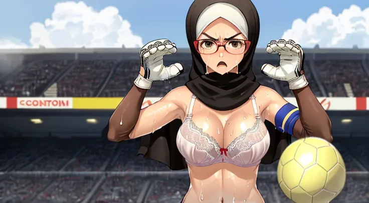 (((1woman))),(((solo woman))), Photo of a indonesian female teacher with saggy breasts, (((diving))) & (((catching the ball))) in the middle of(soccer field), 40yo,busty body, tall body, tanned skin, dimples, light, detailed face, embarrassed face, ((looki...