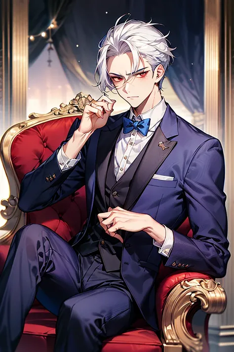 Adonis、Dressed in a suit、Boy with white hair、Straight face、A detailed face、1 boy、Classic、Arrogant man、top grade、Center division、Forehead、One Man、A sexy、Sit on a luxury sofa、cross ones legs、Wear blue clothes、Red eyes