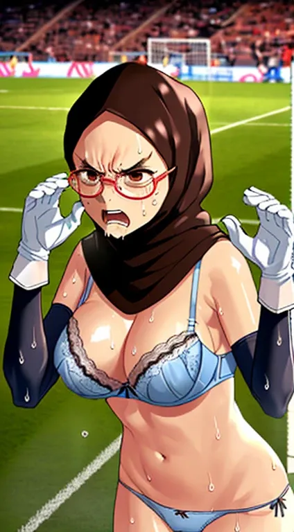 Photo of a indonesian female teacher with saggy breasts, (((keeping the goal))) in the middle of(soccer field), 40yo,busty body, tall body, tanned skin, dimples, light, detailed face, embarrassed face, ((looking disgusted)), ((very angry)), (dissapointed),...