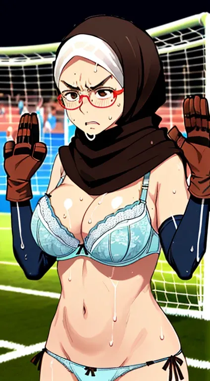 Photo of a indonesian female teacher with saggy breasts, (((keeping the goal))) in the middle of(soccer field), 40yo,busty body, tall body, tanned skin, dimples, light, detailed face, embarrassed face, ((looking disgusted)), ((very angry)), (dissapointed),...