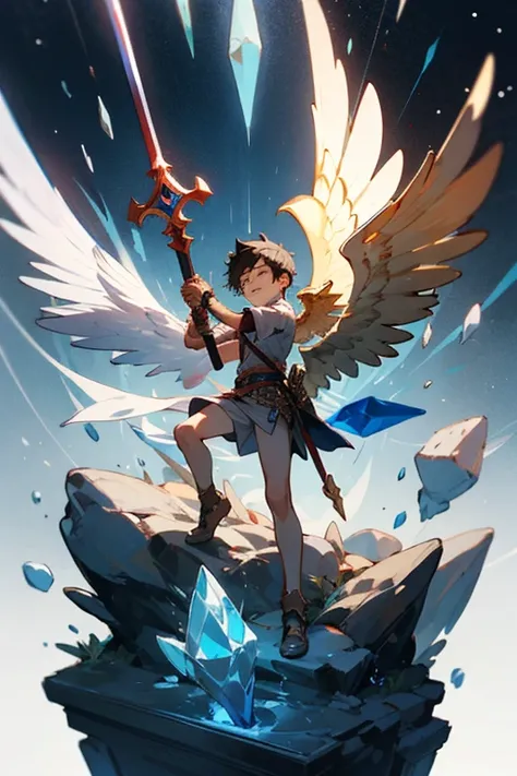 1 boy，in a greek temple，Next to it is a crystal statue of Saga, the god of war.，With wings、The boy with the sword has a powerful little universe、is roaring