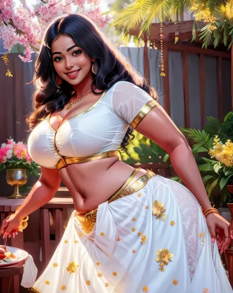 (masterpiece illustration) of a (solo:1.3) ravishing alluring curvy malayali Nazriya Nazim Thomas, having breakfast at a beach garden cafe, beautiful breakfast spread, in printed strapy blouse & skirt, navel, glistening skin, (messy wavy backlit hair), viv...