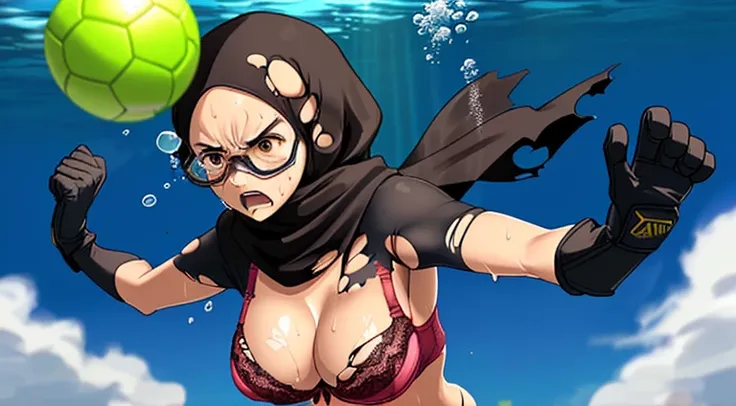 (((1woman))),(((solo woman))), Photo of a indonesian female teacher with saggy breasts, (((((diving))))) & (((catching the ball))) in the middle of(soccer field), 40yo,busty body, tall body, tanned skin, dimples, light, detailed face, embarrassed face, ((l...