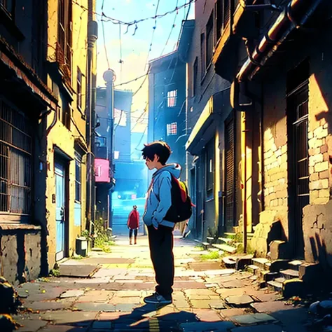 A boy with black and white hair, anime-style, wearing a hoodie, standing in a brick street. The background consists of a back wall facing the character, with a street scene featuring narrow alleyways. The characters face is detailed and front-facing. The i...