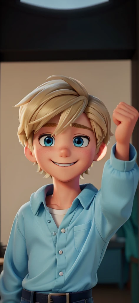 Best quality: 1.0), (Super High Resolution: 1.0), Anime boy, short blond hair, blue eyes, open eyes, smile