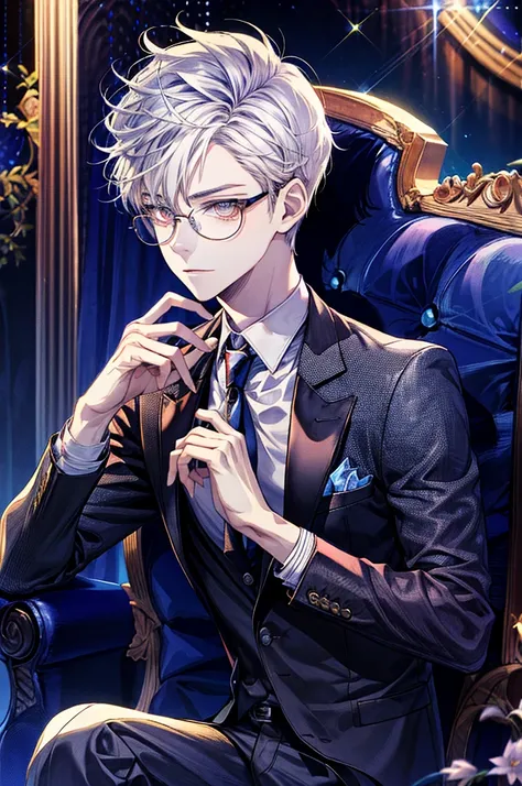 Depiction in motion、T hotel masterpiece，best qualtiy，1 male，As-，With short white hair，The shirt, seminude、anime handsome guy,Wearing a strict business suit, Handsome anime pose in suit and tie, Handsome stunning realistic,Red eyes、manly、Dressed in a suit、A...