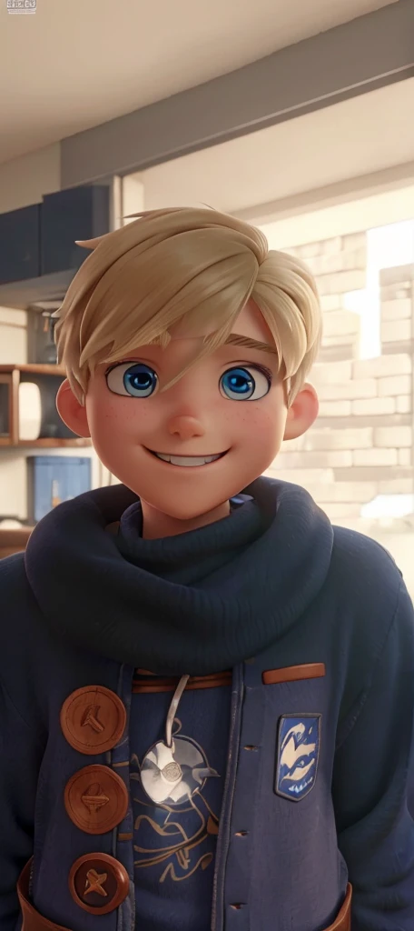 Best quality: 1.0), (Super High Resolution: 1.0), Anime boy, short blond hair, blue eyes, open eyes, smile