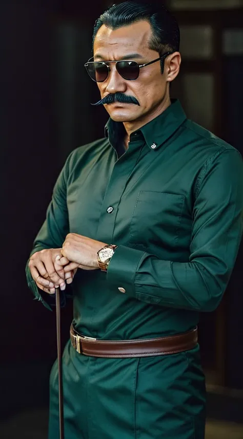 50 years old，hidetoshi nakata ，（kogoro mouri 1.3), a man in a dark green shirt, ray ban sunglasses, rolex watch, tong, mustache，...